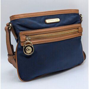 MICHAEL KORS Kempton Navy Blue Nylon Brown Leather Trim Gold Crossbody Bag